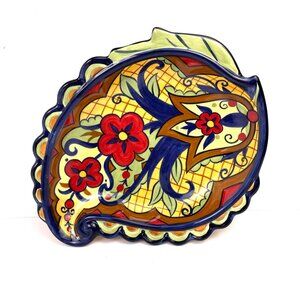 Vintage Corsica Home Hand-Painted Ceramic Dish – Paisley Leaf Shape, 9.5” x 8”
